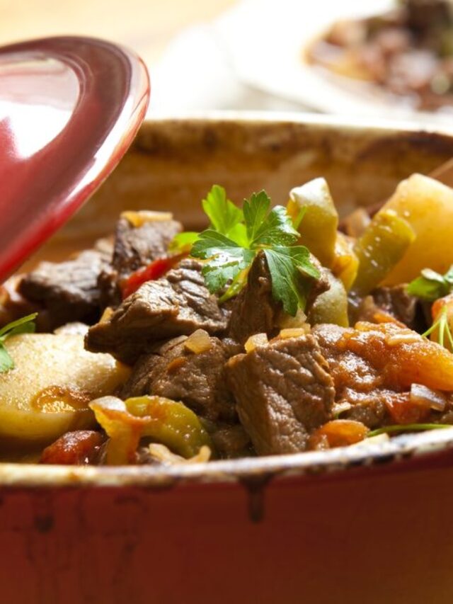 Beef Stew in a slow-cooker, ready to serve.