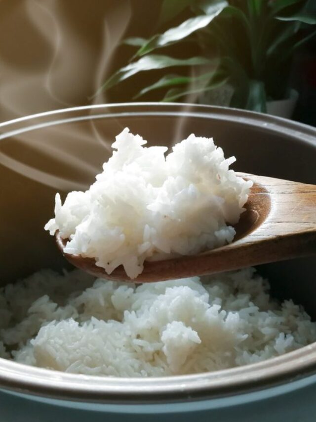 Jasmine rice cooking in electric rice cooker with steam.