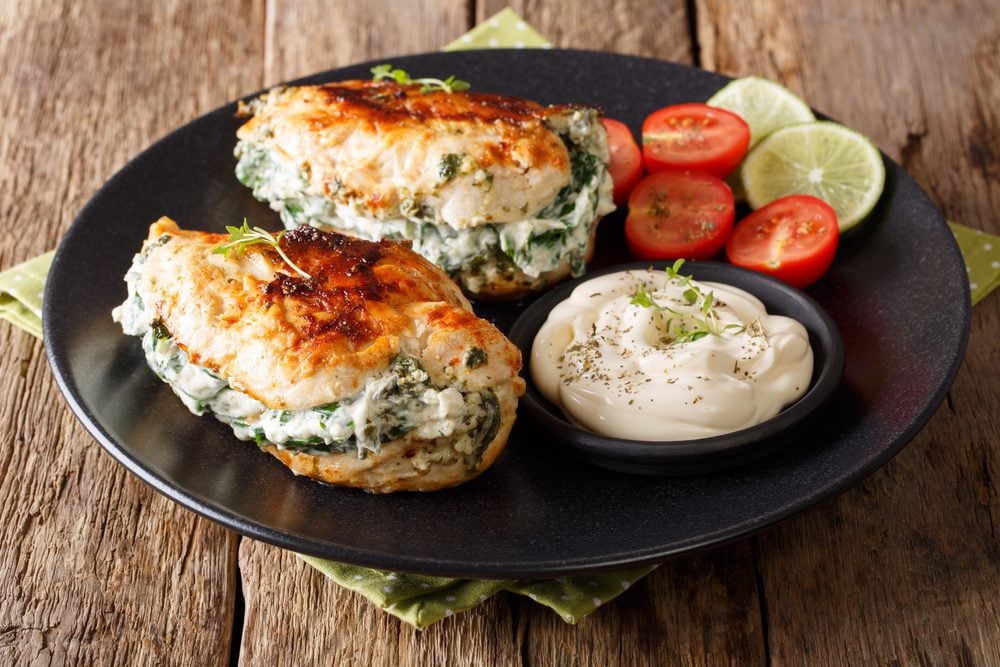 Baked chicken breast stuffed with cheese and spinach