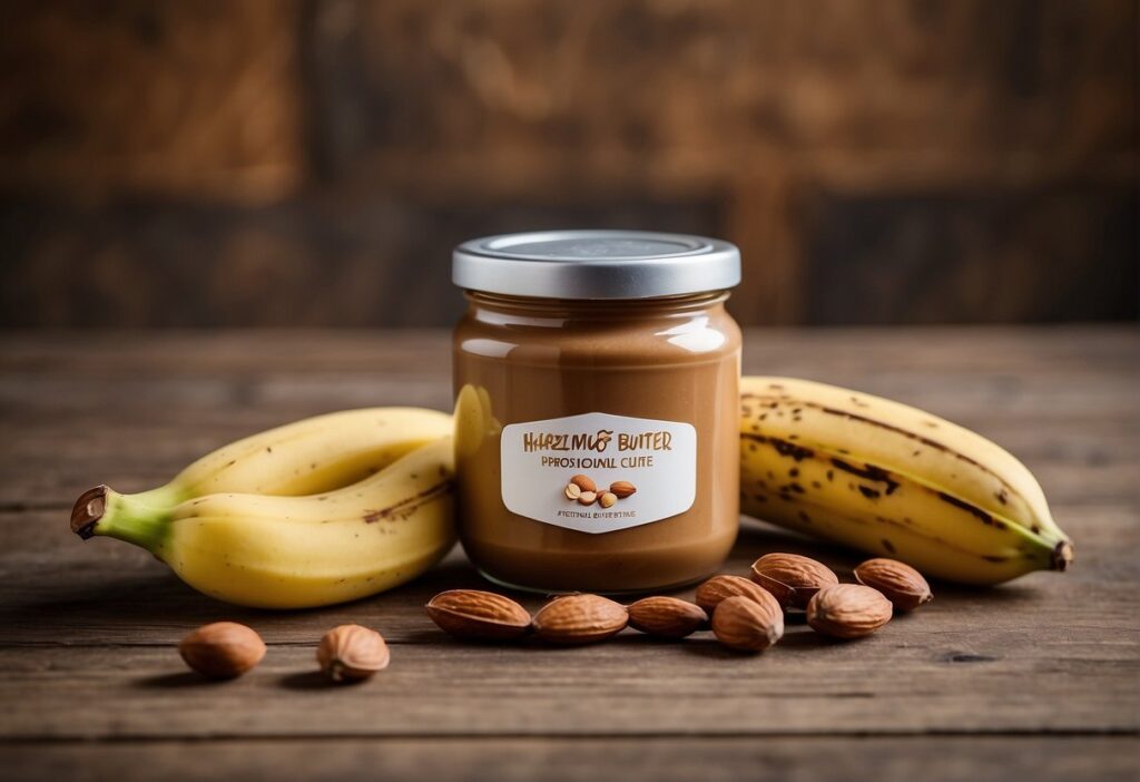 A jar of hazelnut butter next to almonds, chocolate, and bananas