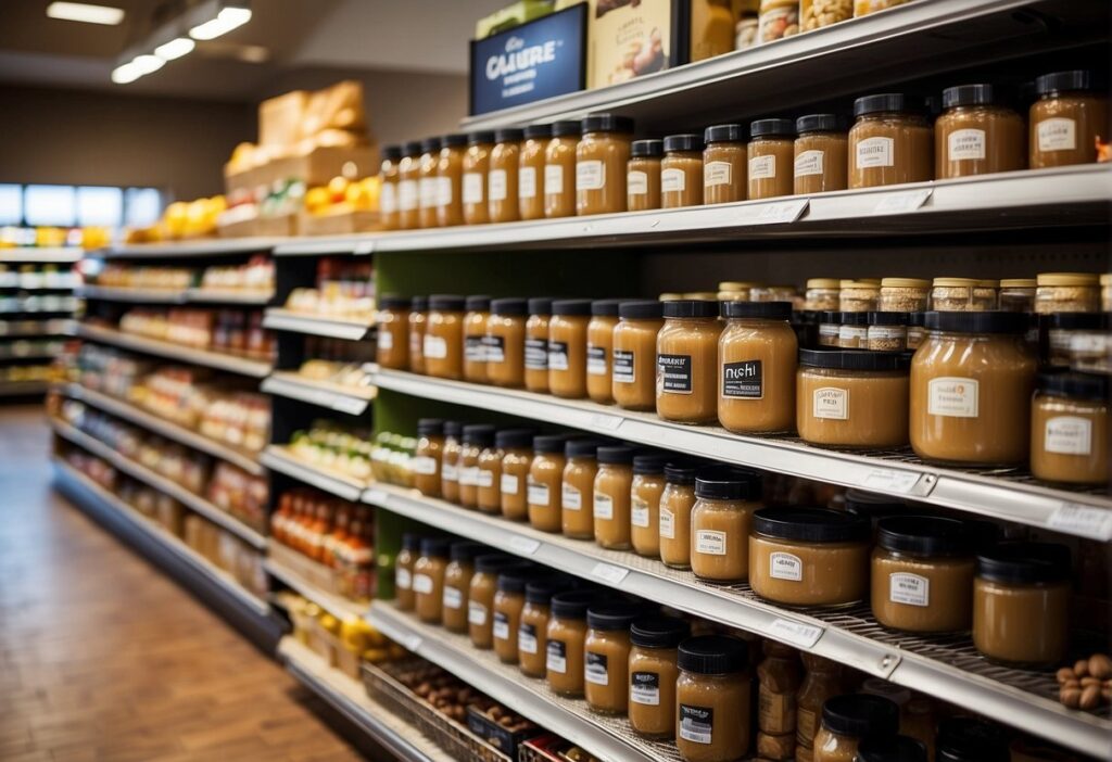 Grocery shelves display various hazelnut butter alternatives. Sales data charts show rising demand for substitutes