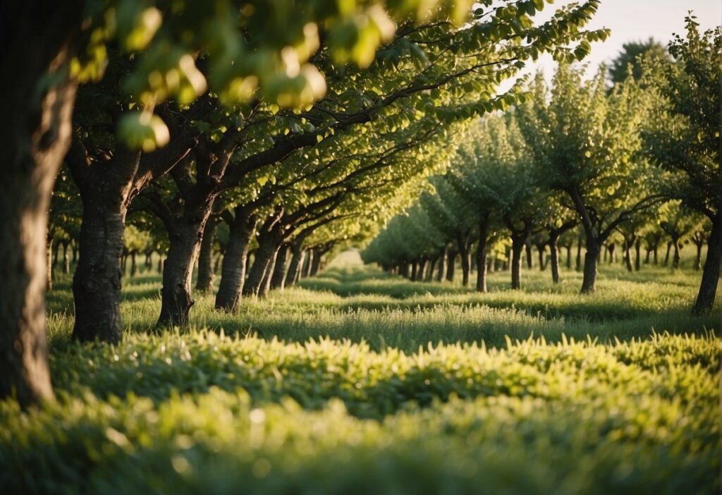 A lush hazelnut orchard with sustainable farming practices, surrounded by thriving wildlife and minimal environmental impact