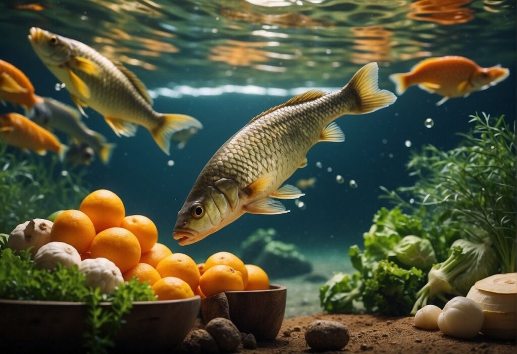 Carp swimming in clear water, surrounded by various vegetables and grains, with a sign reading "Understanding Carp carp substitutes" in the background