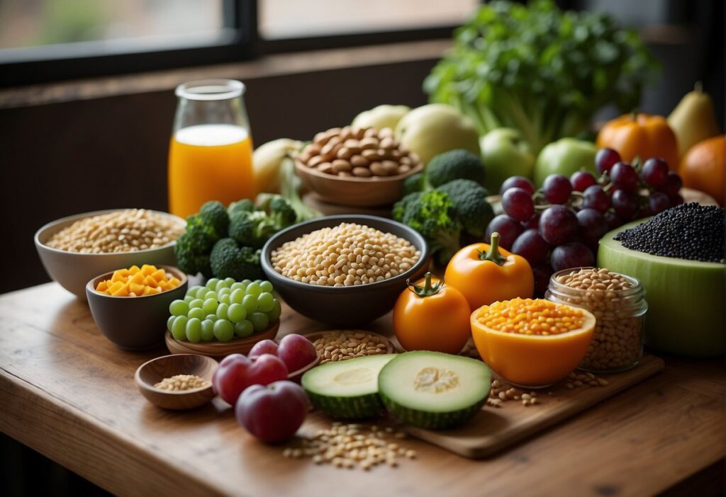 A colorful array of vegetables and plant-based proteins arranged on a table, with vibrant fruits and grains in the background
