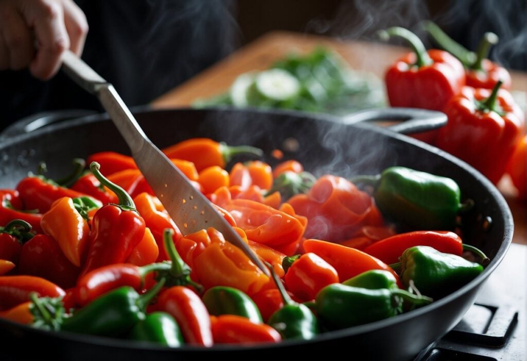 Tabasco peppers being chopped and added to a sizzling pan of vegetables