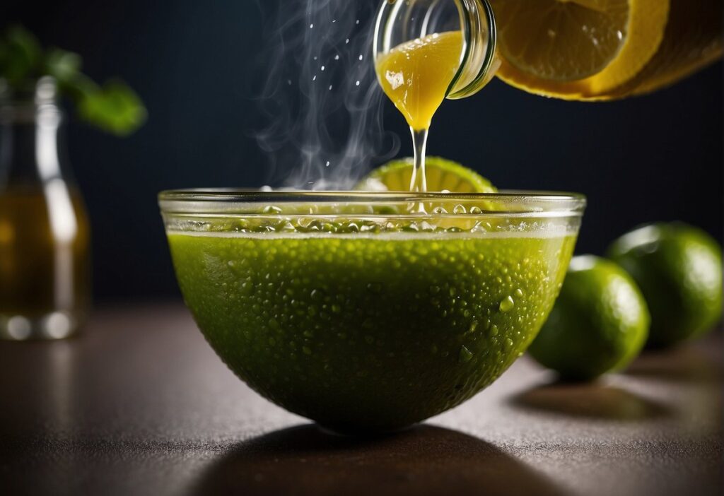 A lime is being squeezed, releasing its acidic juice into a bowl of food, enhancing the flavor and adding a tangy kick to the dish