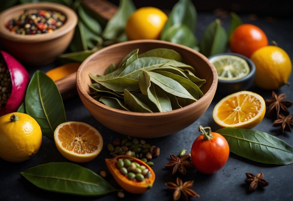 A pile of vibrant bay leaves surrounded by colorful Mexican ingredients, evoking the essence of complementary flavors in Mexican cuisine