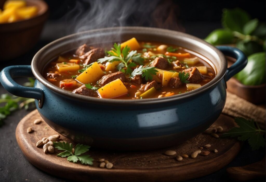A simmering pot of traditional Mexican stew with bay leaves adding depth and aroma to the rich flavors