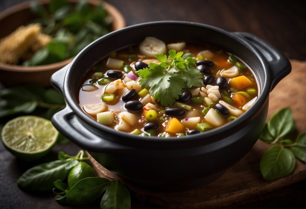 A pot of simmering vegetarian pozole with bay leaves floating on top. A bowl of vegan black bean soup with bay leaves garnishing the surface