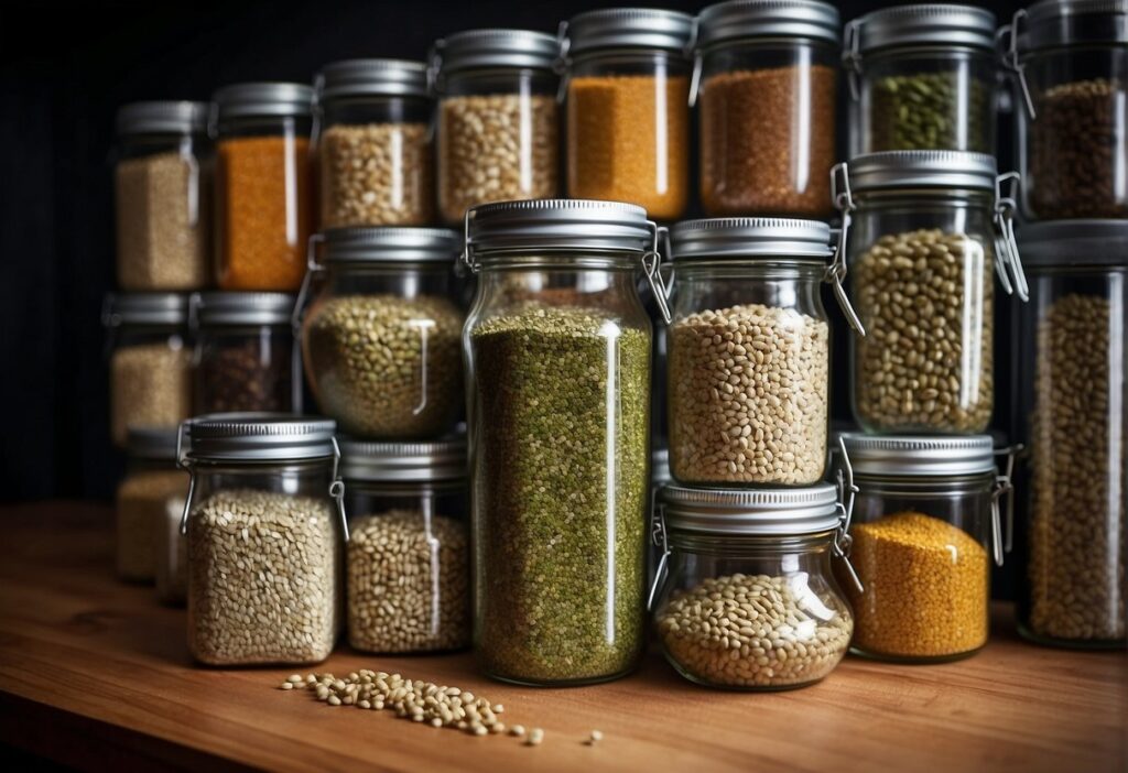 Coriander seeds in airtight containers, surrounded by other substitutes like cumin and fennel, stored in a cool, dark pantry