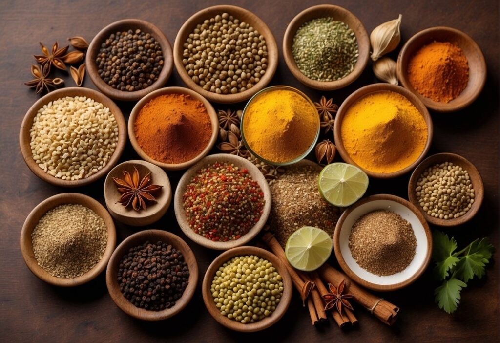 A variety of spices arranged in a circle, with coriander seeds in the center, surrounded by alternative substitutes