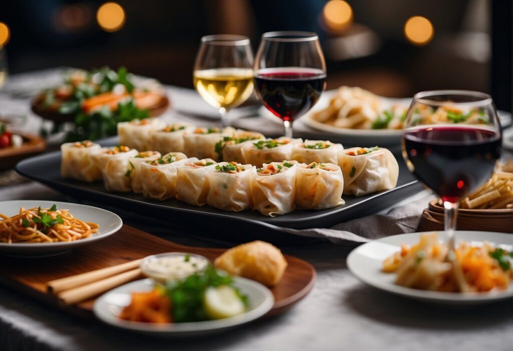 A table set with an assortment of spring rolls and wine glasses, surrounded by guests enjoying the pairings