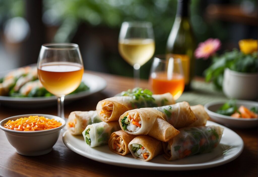 Spring rolls and wine are paired on a table, with colorful beverages nearby. The setting is bright and inviting, with a focus on personalization and individual tastes