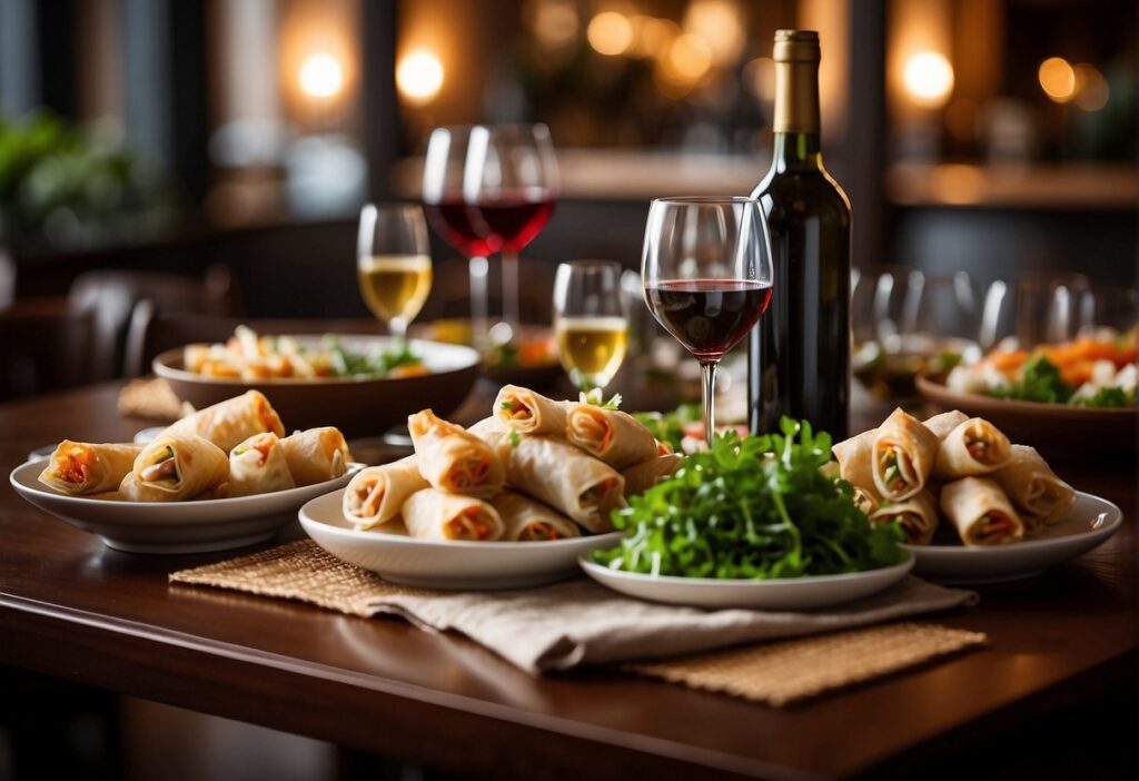 A table set with a variety of spring rolls and a selection of wines and beverages, with a sign reading "Frequently Asked Questions pairing spring rolls with wine and beverages."