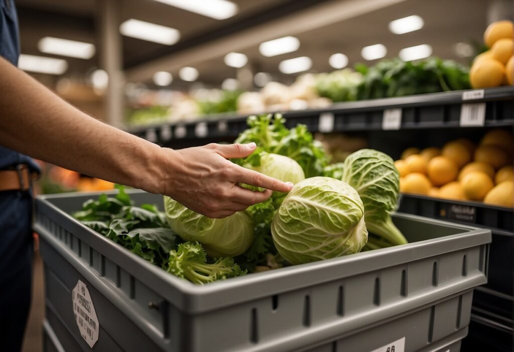 A hand reaches for a celery root in a grocery store bin. A label instructs on proper storage