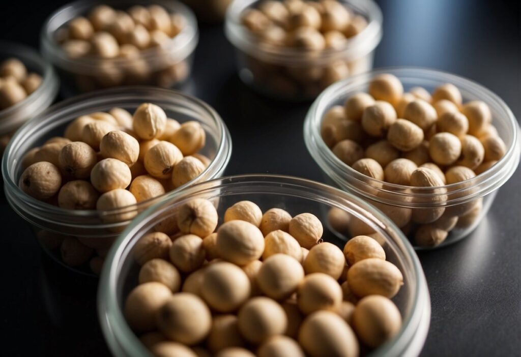 Macadamia nuts being placed in airtight containers with desiccant packets for storage