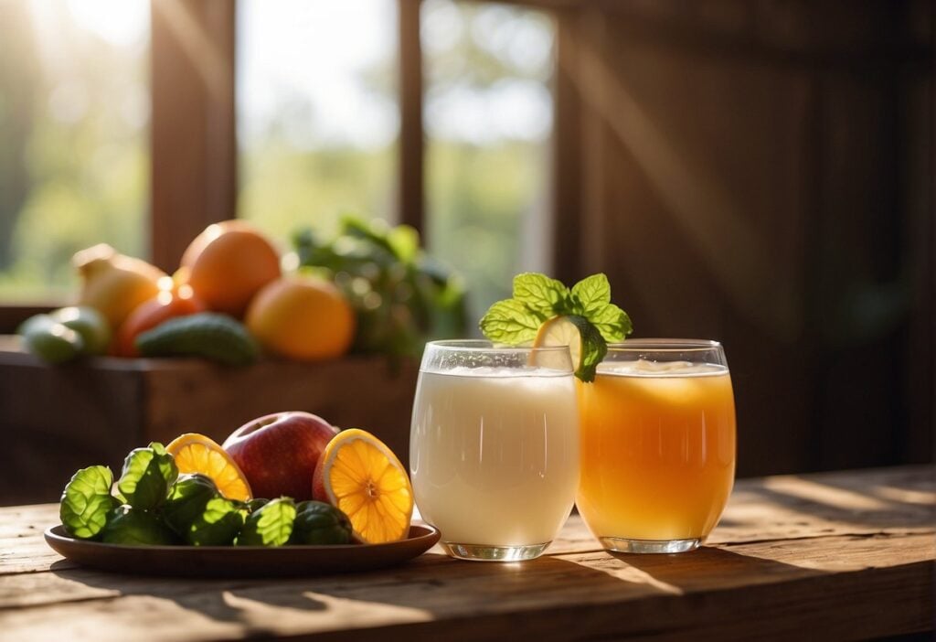 A glass of kefir and a glass of kombucha sit side by side on a wooden table, surrounded by fresh fruits and vegetables. Rays of sunlight filter through a nearby window, illuminating the probiotic-rich beverages