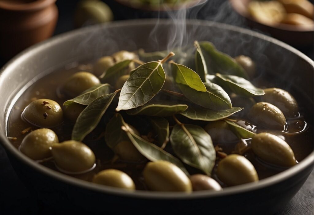 Bay leaves infuse rich aroma into a simmering pot of coq au vin, adding depth to the classic French dish