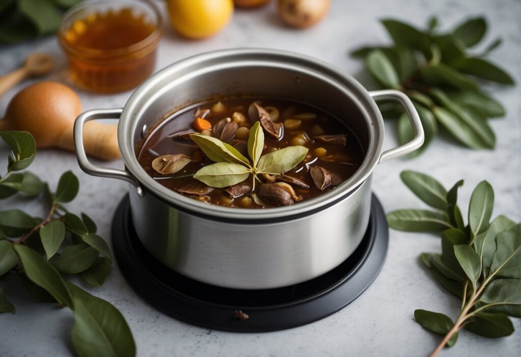 Bay leaves infusing into a simmering pot of beef bourguignon, adding depth and aroma to the classic French dish