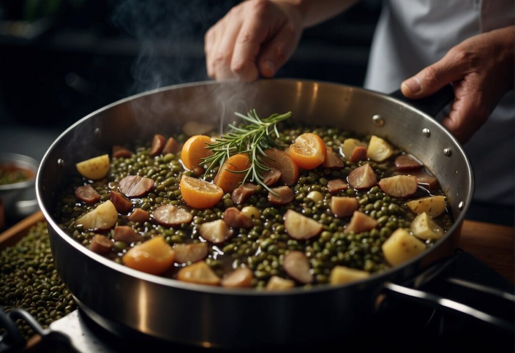 A chef sprinkles dried bay leaves into a simmering pot of coq au vin, infusing the classic French dish with their distinctive aroma and flavor
