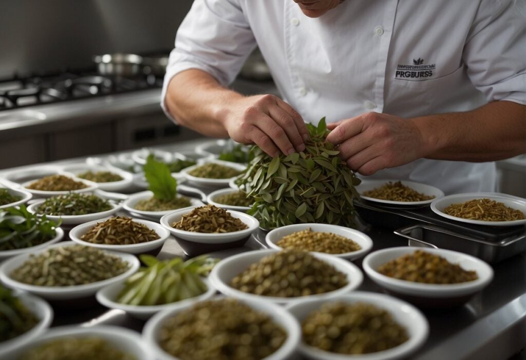 Bay leaves are carefully stored in airtight containers, labeled and organized for easy access. A chef selects a leaf, inhaling its fragrant aroma before adding it to a simmering pot of coq au vin