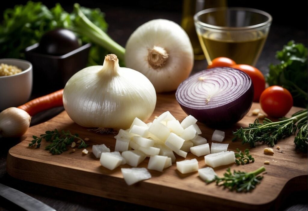White onions being chopped on a wooden cutting board with a chef's knife, surrounded by various cooking ingredients and utensils