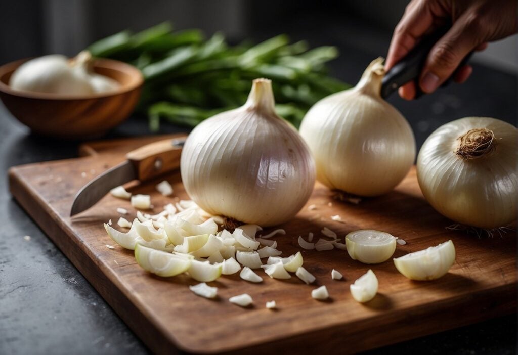 White onions being chopped on a cutting board, with a knife beside them and a pot on the stove