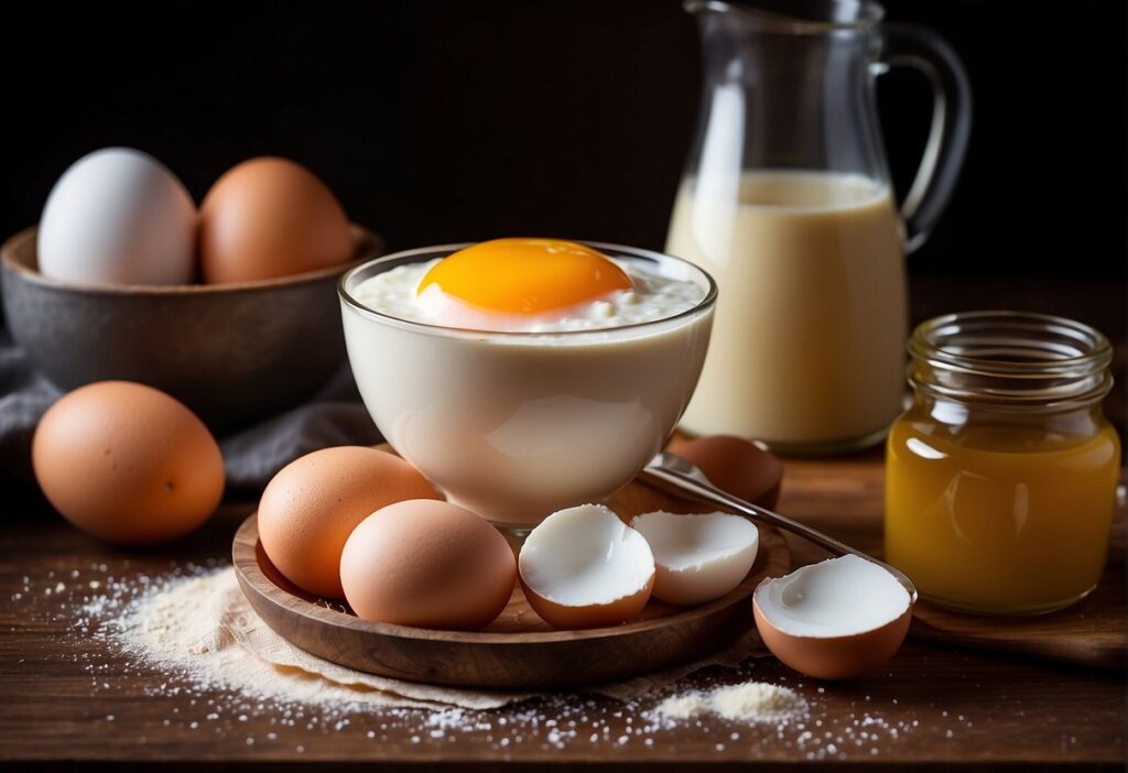 A bowl of eggs, milk, and oil mixed together with a whisk, next to a packet of yeast and a measuring spoon on a kitchen counter