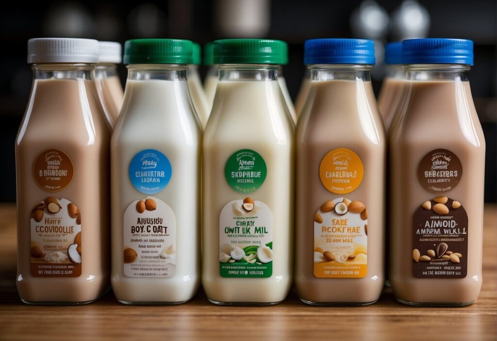 A variety of dairy and non-dairy liquid alternatives sit on a shelf, including almond milk, oat milk, coconut milk, and soy milk