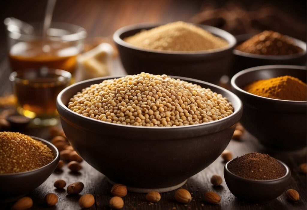 Sorghum and molasses being poured into separate bowls, with various baking ingredients and utensils scattered around