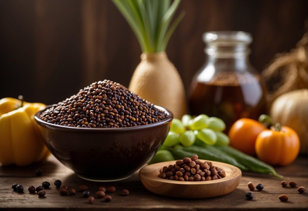 A bowl of sorghum sits next to a jar of dark molasses on a wooden table, surrounded by fresh fruits and vegetables