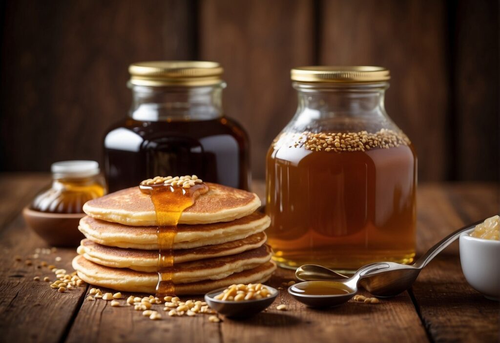 Sorghum and molasses bottles stand side by side on a rustic wooden table, with golden syrup dripping from a spoon onto a stack of fluffy pancakes