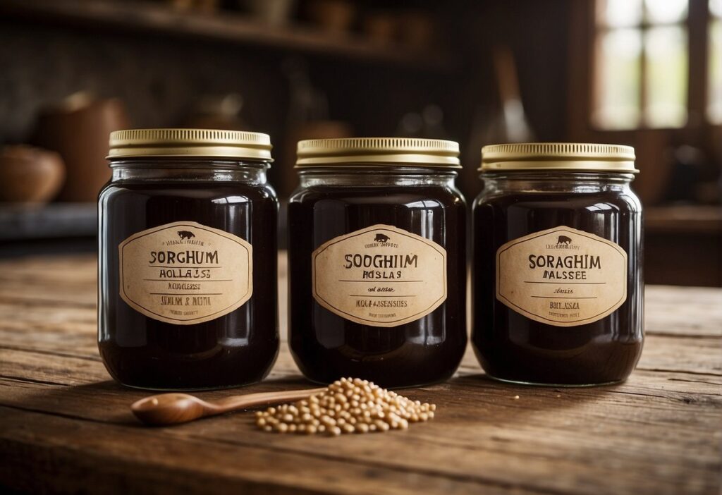 Sorghum and molasses jars sit side by side on a rustic wooden table, with a spoon resting on the edge of each jar. Labels clearly display their respective names