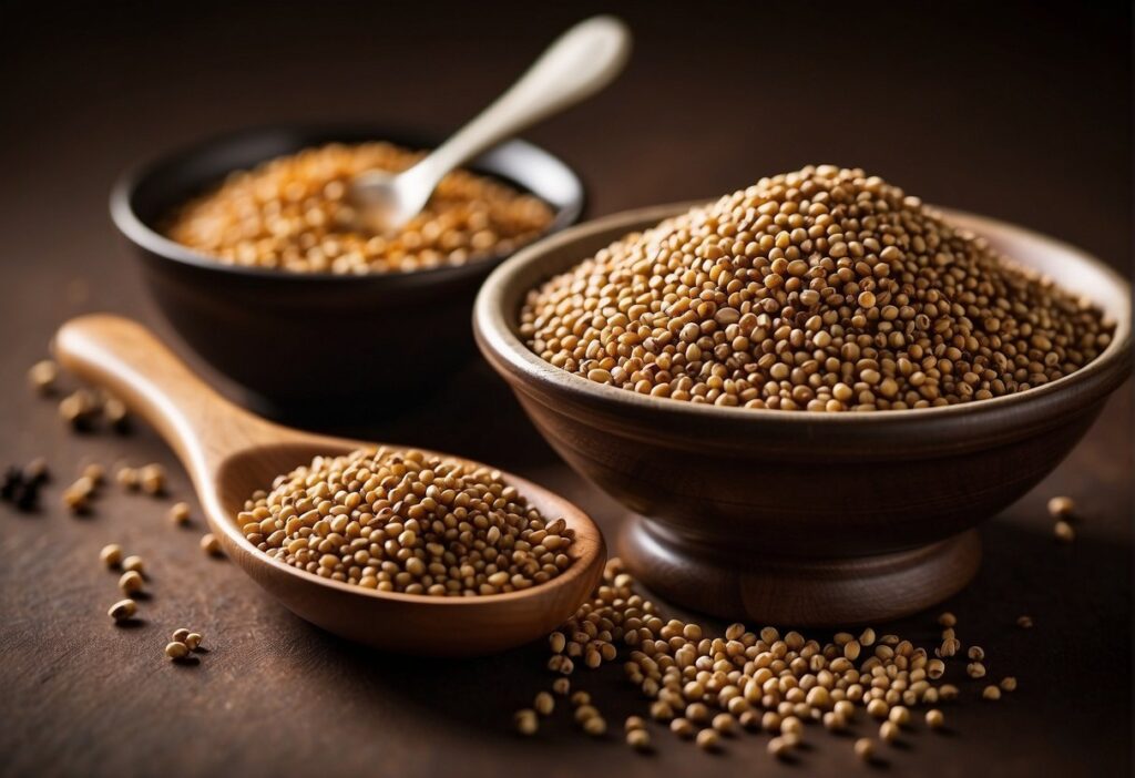 A bowl of sorghum sits next to a jar of molasses, with a spoon resting on the side. The warm colors and contrasting textures create an inviting scene