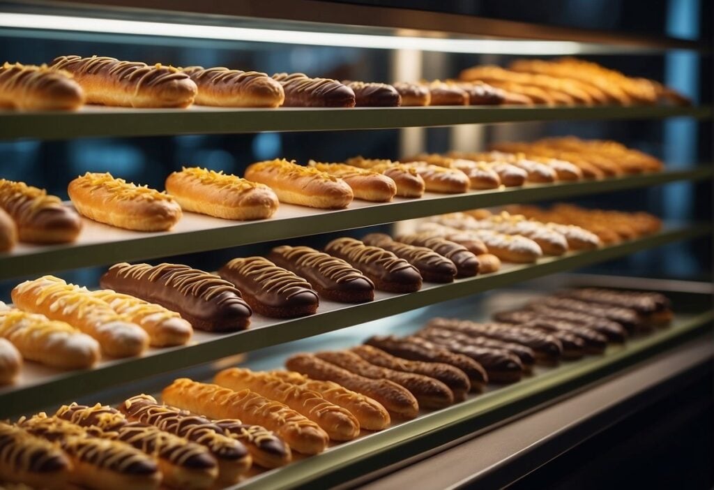 A shelf with a row of eclairs in a bakery display case