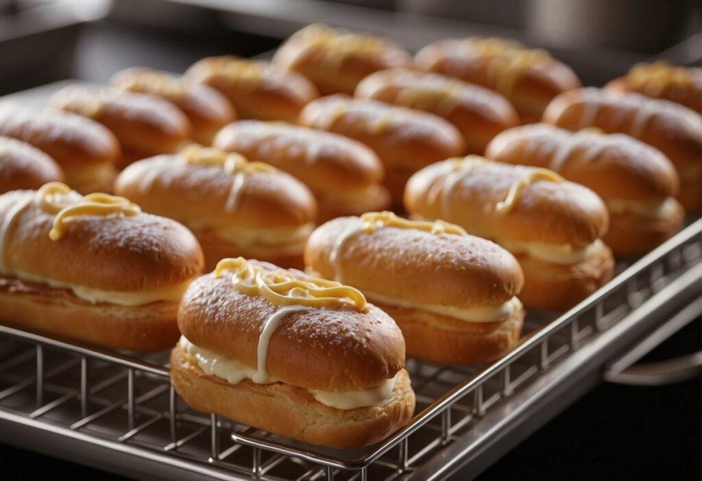 A tray of freshly baked eclairs cooling on a wire rack. A pastry chef carefully fills them with cream using a piping bag. A stack of clean airtight containers ready for storage