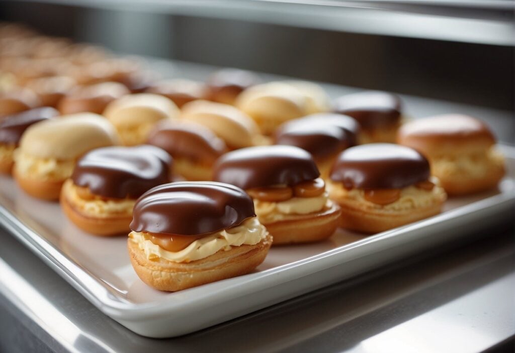 Eclairs arranged neatly on a wire rack, cooled and ready for storage. Airtight containers nearby for long-term preservation