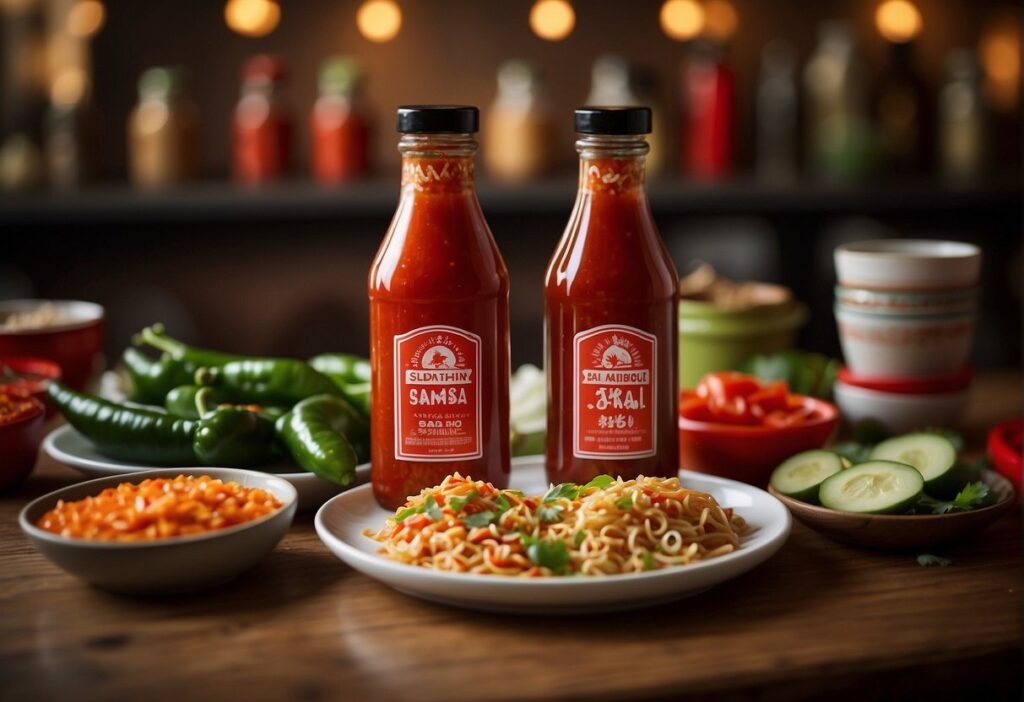 A table with two condiment bottles, one labeled "Sriracha" and the other "Sambal Oelek," surrounded by various dishes and utensils