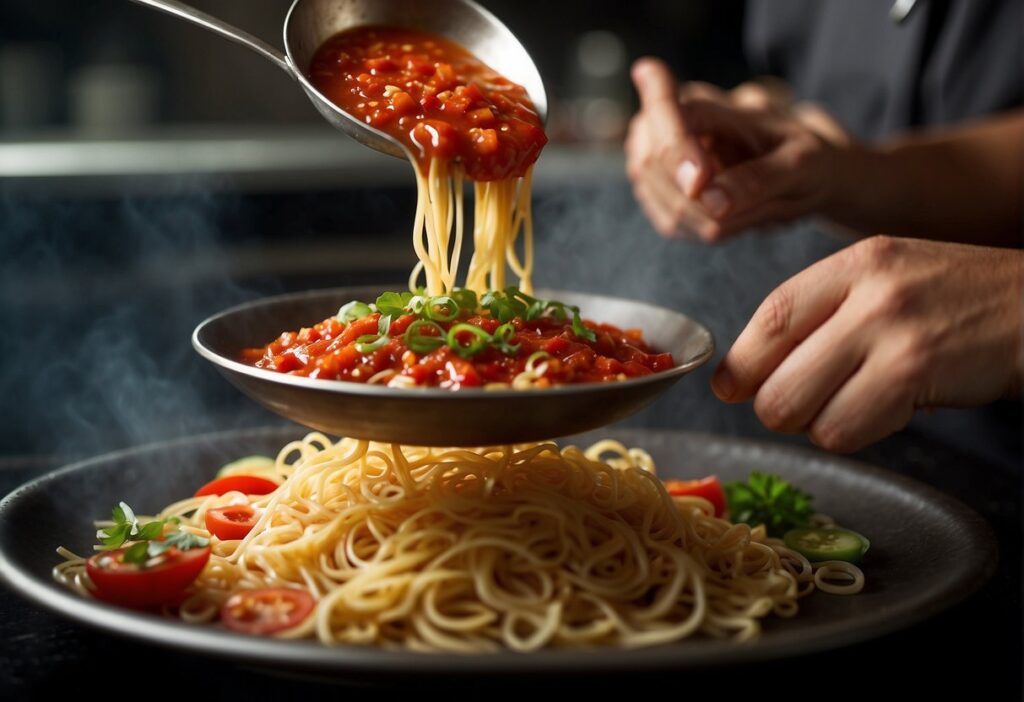 A chef drizzles sriracha and sambal oelek onto separate dishes of noodles, adding a spicy kick to the savory aromas in the kitchen