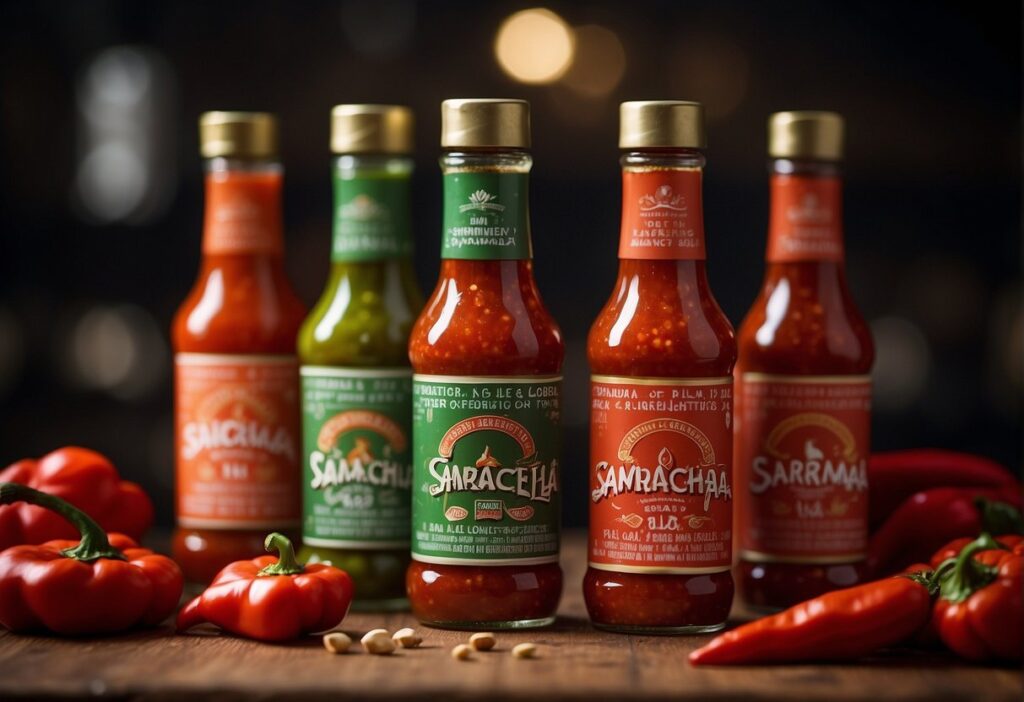 A table displaying sriracha and sambal oelek bottles, surrounded by chili peppers and garlic, symbolizing the cultural significance and origins of the two spicy condiments