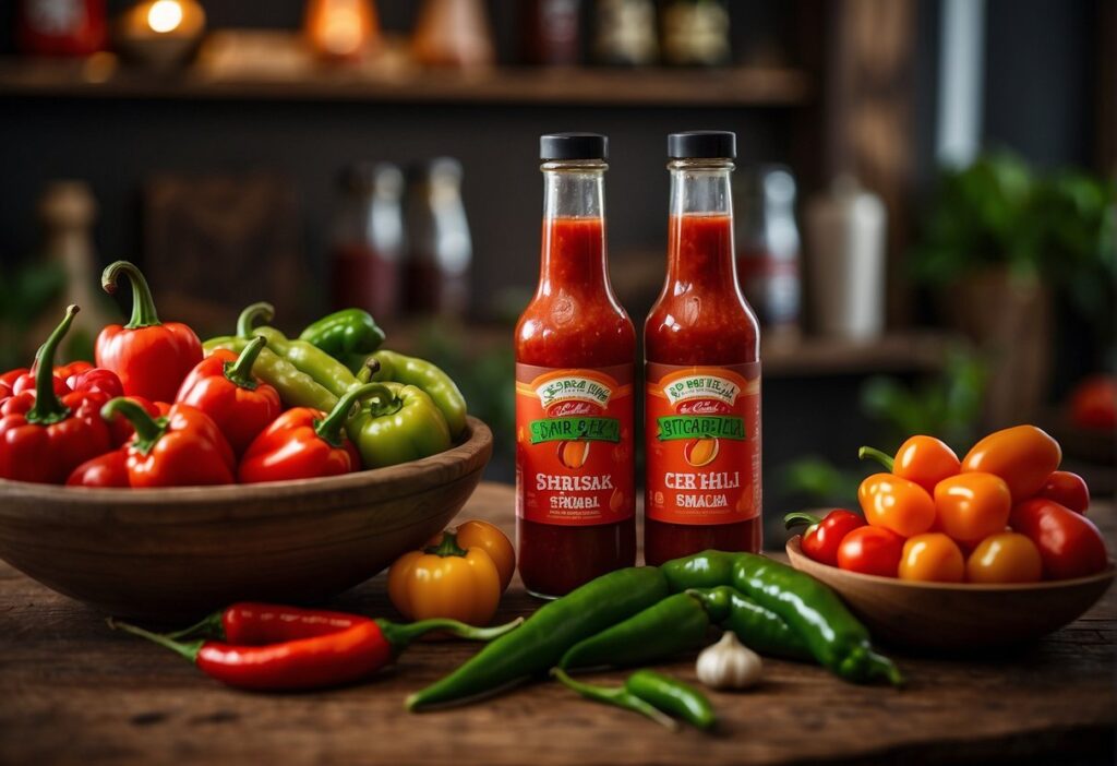 A table displays two bottles of sriracha and sambal oelek, surrounded by fresh chili peppers and garlic cloves. An assortment of colorful vegetables and fruits are arranged nearby