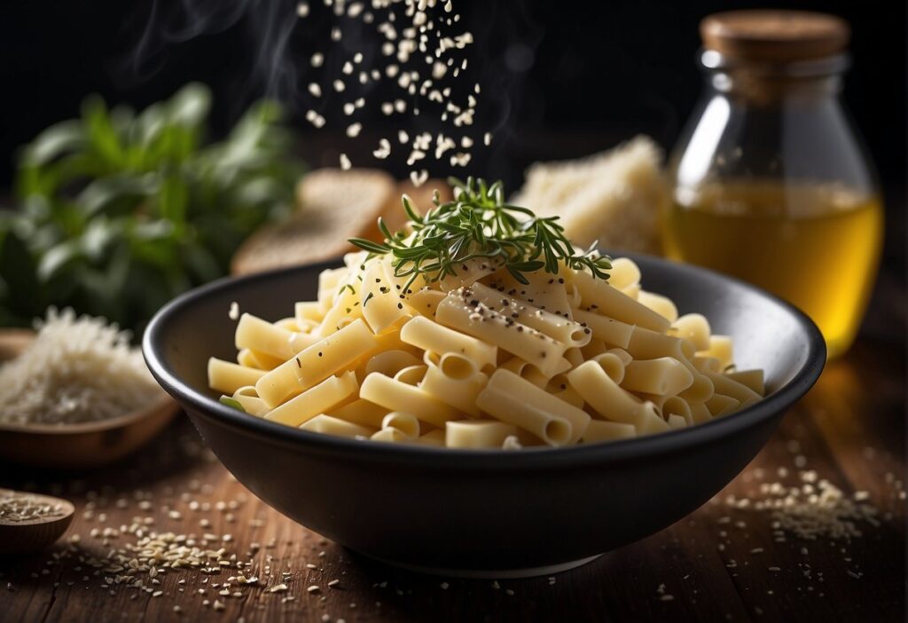 Pecorino romano cheese being grated over a steaming bowl of pasta, with a sprinkle of black pepper and fresh herbs on top