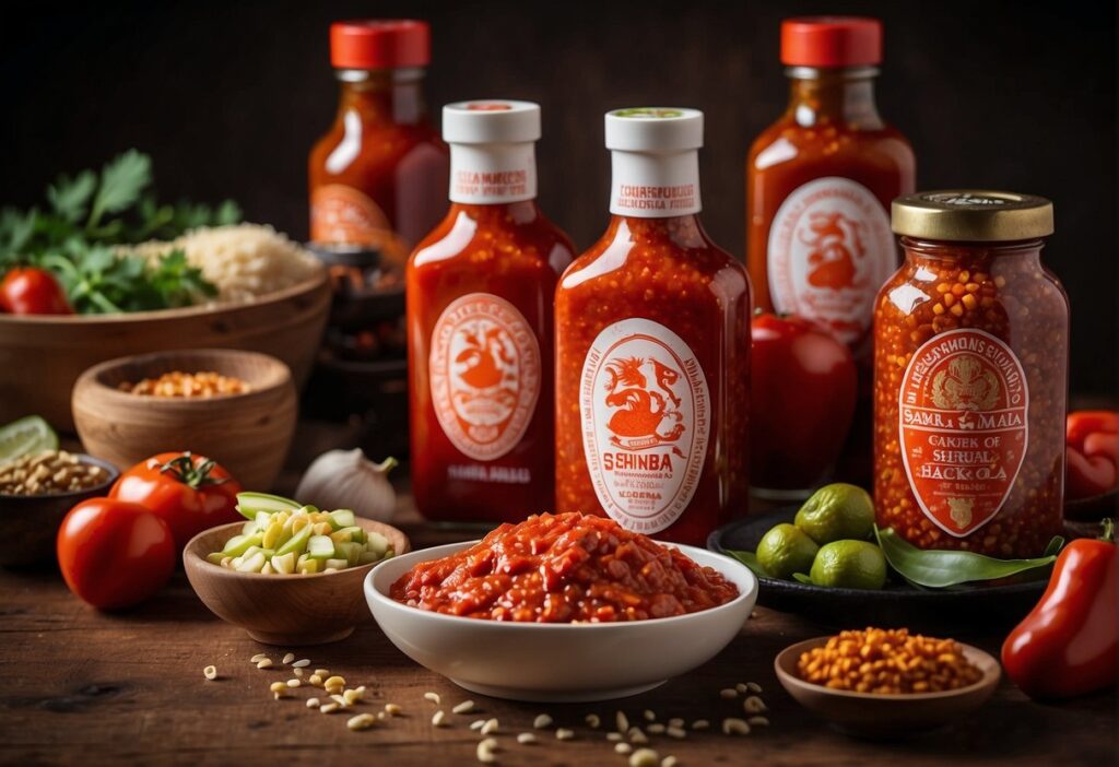 A table with bottles of sriracha and sambal oelek, surrounded by various international foods and spices, symbolizing global culinary influence and trends
