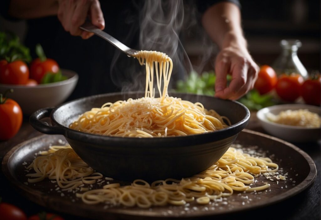 Pecorino Romano cheese being grated over a steaming bowl of pasta, while a chef adds a sprinkle of the cheese to a bubbling tomato sauce in a pan