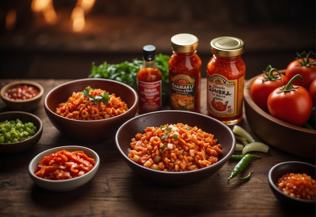 A table with two small bowls of sriracha and sambal oelek, surrounded by various food items and condiments. A sign reads "Frequently Asked Questions: Sriracha vs Sambal Oelek"