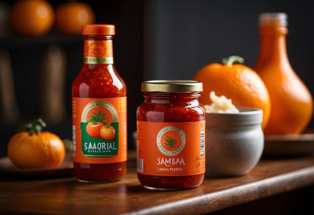 A fiery red bottle of sriracha stands next to a vibrant orange jar of sambal oelek, both with bold, distinctive labels