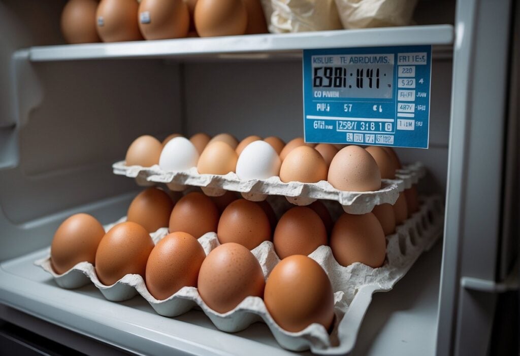 A carton of eggs sits in a refrigerator, with a label indicating the purchase date. The fridge shelves are clean and organized, and a small thermometer is visible to ensure proper storage temperature