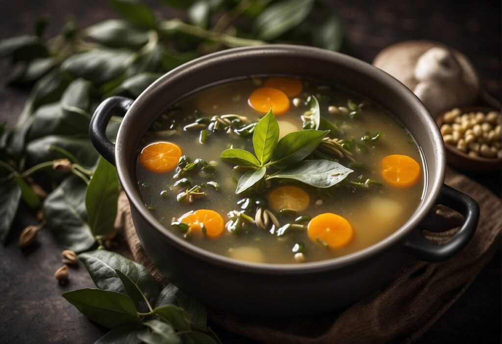 A simmering pot of soup with bay leaves floating on the surface, surrounded by whispers of ancient tales and folklore