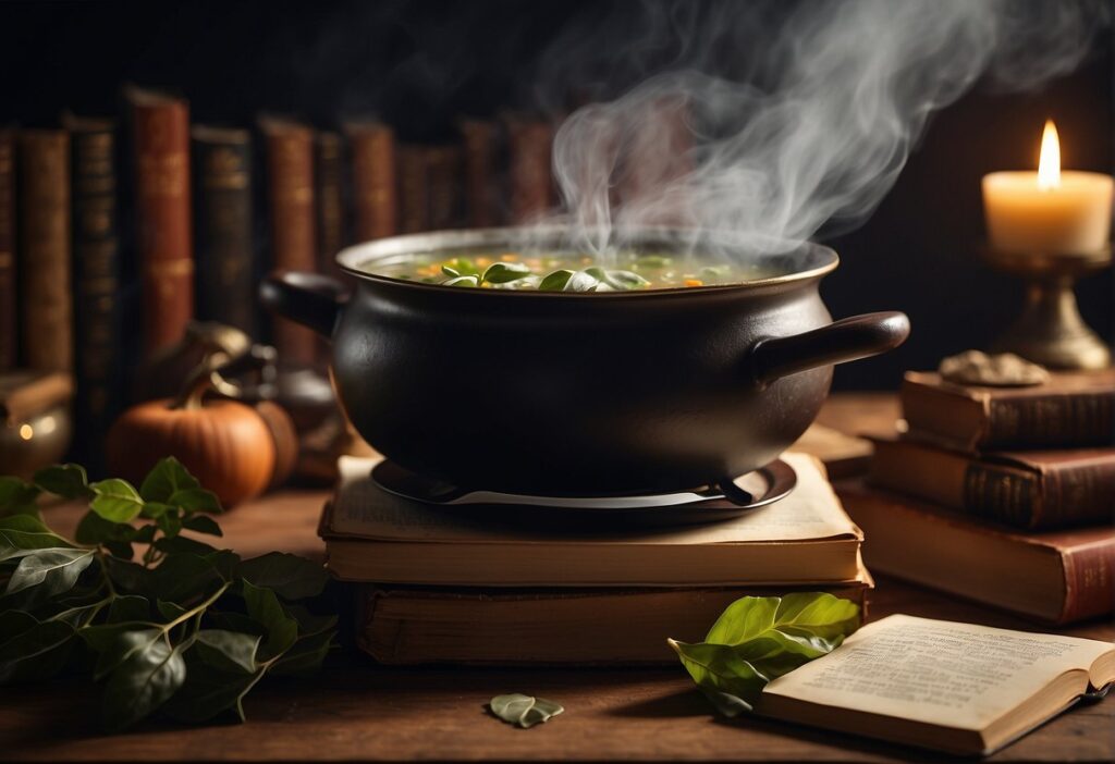 A steaming pot of soup with bay leaves floating on the surface, surrounded by cookbooks and ancient texts on gastronomy and culture