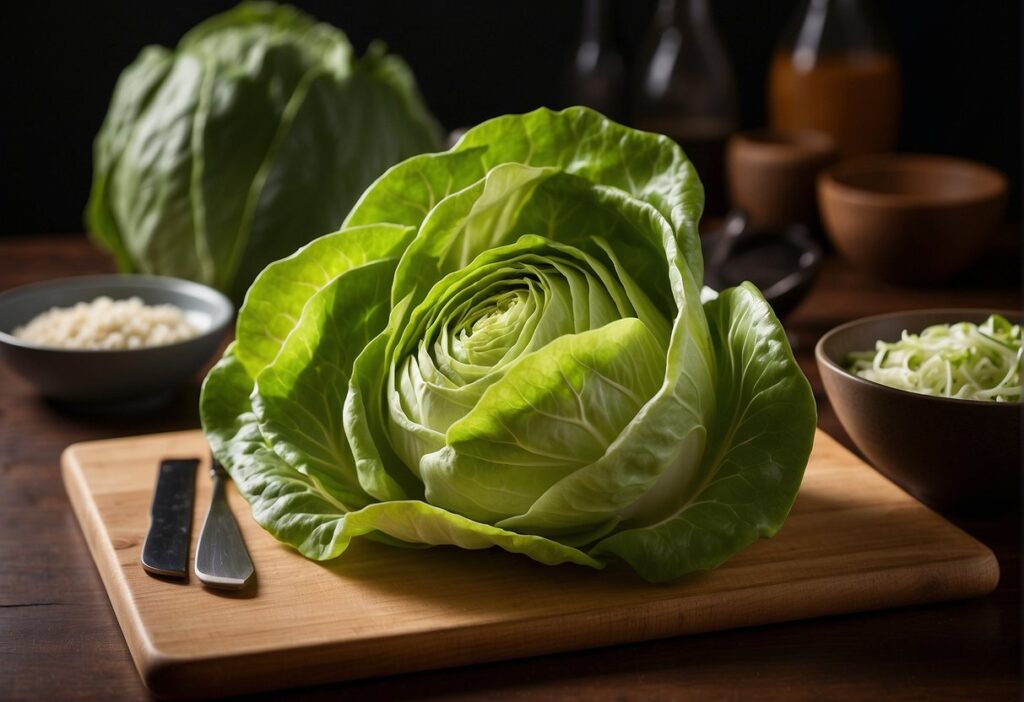 A head of Boston Bibb lettuce sits on a cutting board with a knife and bowl nearby. A cookbook open to a lettuce recipe is visible in the background